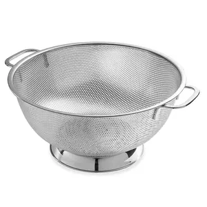 Self-Draining Stainless Steel Kitchen Strainer Perforated Rice Colander With Double Handle