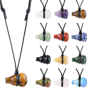 Collier en gros en œil <span class=keywords><strong>de</strong></span> <span class=keywords><strong>tigre</strong></span> naturel, pendentif en forme <span class=keywords><strong>de</strong></span> gourde en pierre <span class=keywords><strong>de</strong></span> guérison en cristal d'améthyste, tricoté à la main pour cadeaux DIY - Product Image 1