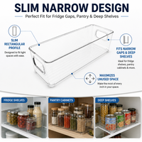 Conteneur de rangement en PET transparent, long et étroit, de qualité alimentaire, bac organisateur étroit pour réfrigérateur et garde-manger avec deux poignées