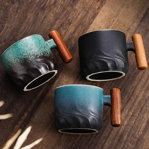 Tazza <span class=keywords><strong>da</strong></span> Caffè in Ceramica Blu con Manico in Legno Retrò, Tazza <span class=keywords><strong>da</strong></span> Tè con Filtro, Tazza per Acqua <span class=keywords><strong>da</strong></span> Ufficio, Tazza <span class=keywords><strong>da</strong></span> Caffè con Smalto Sfumato in Tinta Unita - Product Image 2