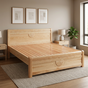 Modern Minimalist 2m <b>Oak</b> Wood Bed Hand Carved Queen/King/Double Sizes Solid Wood MDF <b>Frame</b> Natural Cream Color 250-450kg Load - Product Image 2