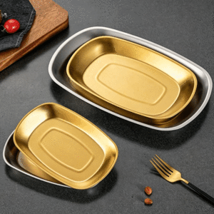 Assiette <span class=keywords><strong>rectangulaire</strong></span> moderne minimaliste FLEY, <span class=keywords><strong>plateau</strong></span> <span class=keywords><strong>doré</strong></span> en acier inoxydable antirouille, design classique coréen à motif uni - Product Image 3