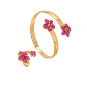 तेल ड्रिपिंग नीले पीले गुलाबी रंग रंग की महिलाओं के साथ सोने के प्लेटेड फूल खुले बांगल अंगूठी सेट महिला फूल कंगन रिंग गहने - Product Image 5