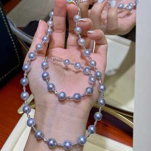 Collar de Lino con Incrustaciones de Oro Blanco de 18K, Exclusivo para Transmisión en Vivo, con Cuentas Naturales Azul Gris Plateadas, Perlas Brillantes de Luz Intensa - Product Image 4