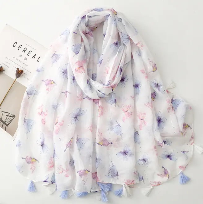 Frühjahr Sommer neue Schmetterling Pailletten gedruckt Baumwolle und Leinenschals klimaanlage Sonnenschutz Schal Schal für Damen