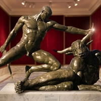 Estatua de bronce de cazador desnudo y Toro, estatua de China antigua