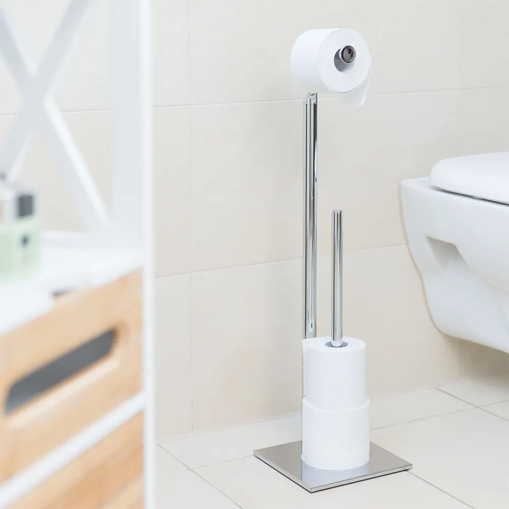 Shower Room Standing Roll Tissue Paper Holder With Shelf With Toilet Brush Holder