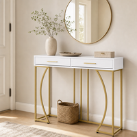 Console contemporaine en MDF avec étagère de rangement et pieds en métal doré, tables consoles de luxe