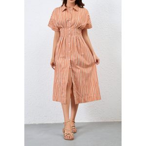 Vestido Camisero a Rayas con Botones Delanteros para Mujer, Manga Corta, Cuello Casual, Maxi, Naranja, Tejido Transpirable, para Uso Diario - Product Image 3