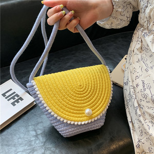 Sac seau pour femme en coton et lin, color-block, orné de perles, sac de paille d'été pour tenues quotidiennes, type couvre-épaule - Product Image 4