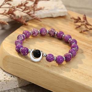 2025 Wholesale 316L Stainless Steel Moon Charm Natural Stone Rhodonite Beaded Elastic <b>Bracelet</b> for Woman - Product Image 3