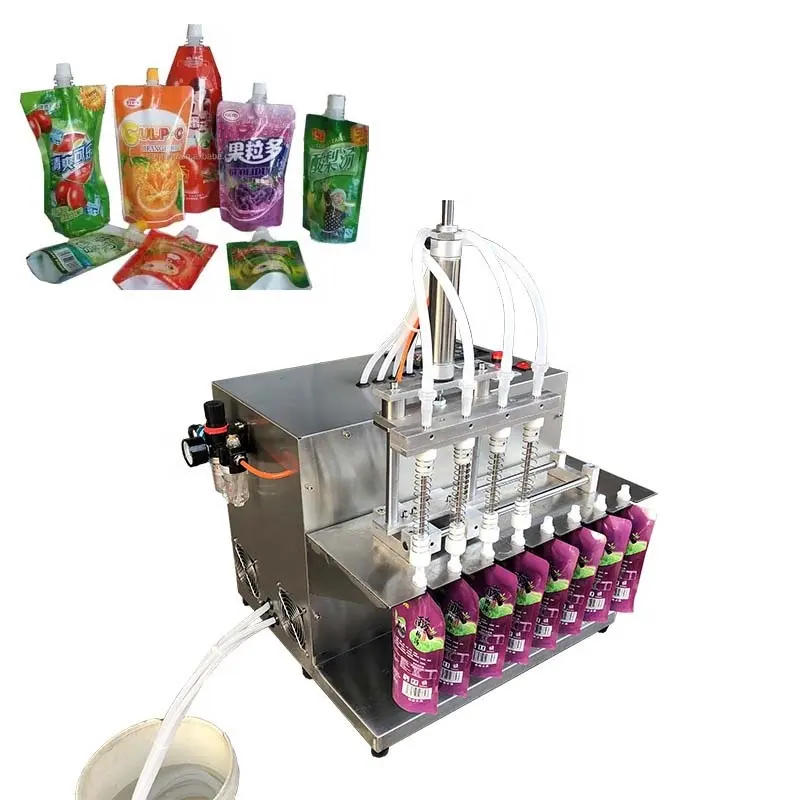Stand up Pouch with Spout Filling Capping Machine Desktop 4 Nozzles Juice Water Milk Tea Liquid Filling Machine for Spout Bags