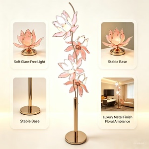 Lámpara de pie floral de lujo nórdico con 4 cabezales, pantalla de cristal rosa-naranja con forma de loto, base de metal dorado, lámpara de pie decorativa para decoración del hogar - Product Image 6