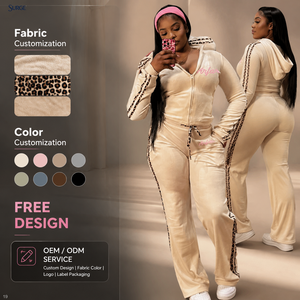 Ensemble deux pièces pour <span class=keywords><strong>femme</strong></span> : Haut slim à manches longues à capuche zippé en <span class=keywords><strong>velours</strong></span> polyester spandex <span class=keywords><strong>beige</strong></span> motif léopard et <span class=keywords><strong>pantalon</strong></span> taille haute à jambes larges - Product Image 1