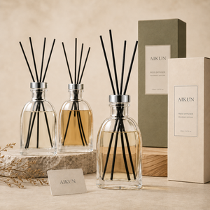 Aikun 150ml Clear Ribbed Round Glass Silver Collar <b>Reed</b> <b>Diffuser</b> Gift Set Black Sticks Textured Sage Box for Home Fragrance - Product Image 2