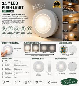 Luz LED de 3.5 Pulgadas, 4000K Blanco Neutro, Funciona con Batería, Luz para Gabinete con Temporizador, Montaje en Superficie, Material ABS - Product Image 1