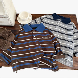 Nouveau style automne 2026 – T-shirt rayé à revers pour enfants, garçons et filles, avec blocs de couleur, polyvalent, motif lettre, manches longues - Product Image 6