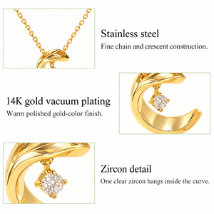 Collier pendentif lune croissante en acier inoxydable, zircon, plaqué or 14 carats sous vide, chaîne fine réglable 38,5+10 cm - Product Image 4