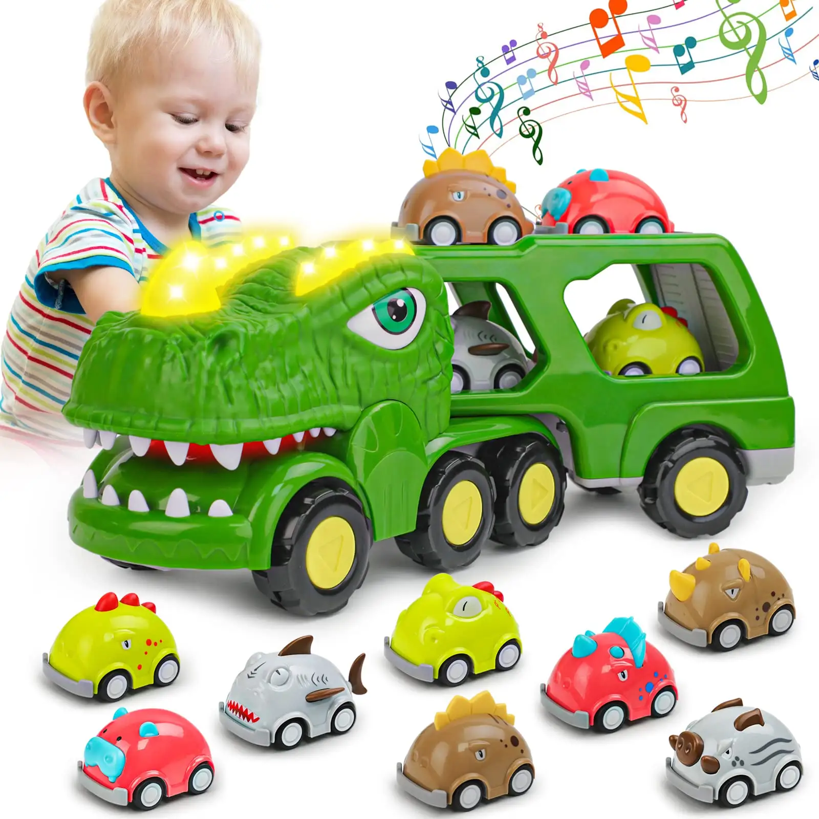 Dinosaur Truck Toys Friction Power Vehicle in Carrier Trucks Toddler Car Tyrannosaurus Toys with Spray & Music for Boys Girls