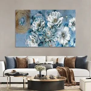 Cyan Flower Canvas Wall Art Magnolia White Flower Painting Gold Texture Gray Blue Painting Artwork Living Room Decoration
