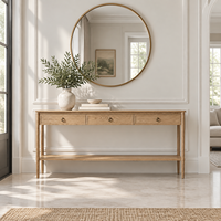 Console moderne en bois massif avec tiroirs et étagère de rangement inférieure, design cannelé pour entrée et couloir