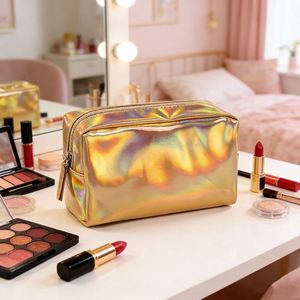 Shiny Holographic Cosmetic Waterproof Travel Toiletry Kit <b>Large</b> Capacity Portable Leather Storage <b>Bag</b> - Product Image 3