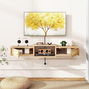 Mobile <span class=keywords><strong>TV</strong></span> Sospeso in Rattan con Vano Portaoggetti e Prese Elettriche, Console Multimediale per <span class=keywords><strong>TV</strong></span> da 55 Pollici, Soggiorno e Camera da Letto - Product Image 2