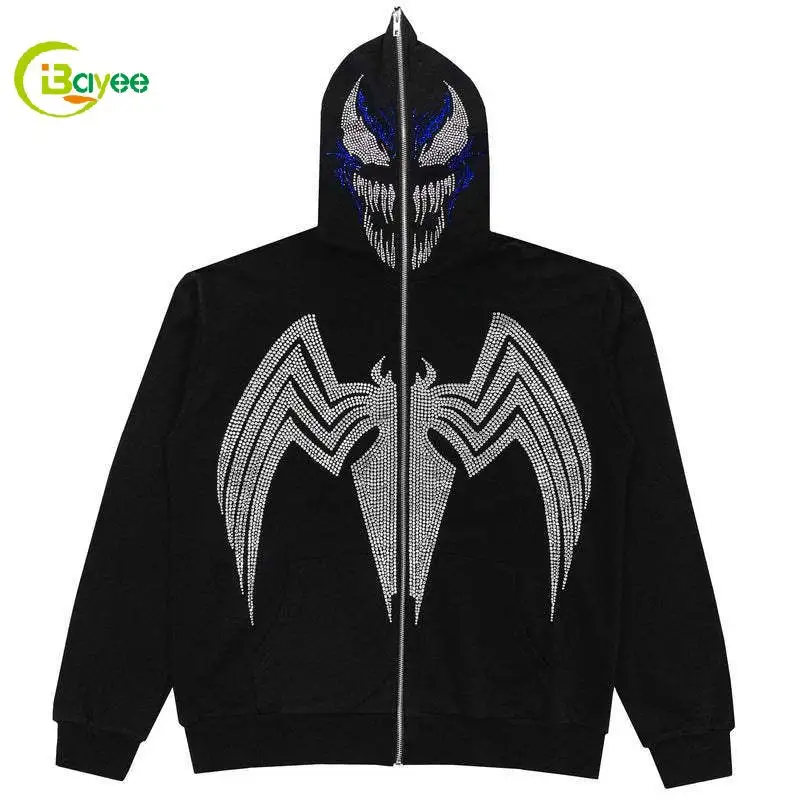 High Quality Full Face Zip Up Y2k Clothing Hoodie Rhinestone Mens Zipper Hoodies Streetwear Heavyweight Wholesale