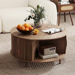 Modern Walnut <strong>Brown</strong> Round Coffee <strong>Table</strong> with Flip Top and Sliding Door Storage - Product Image 2