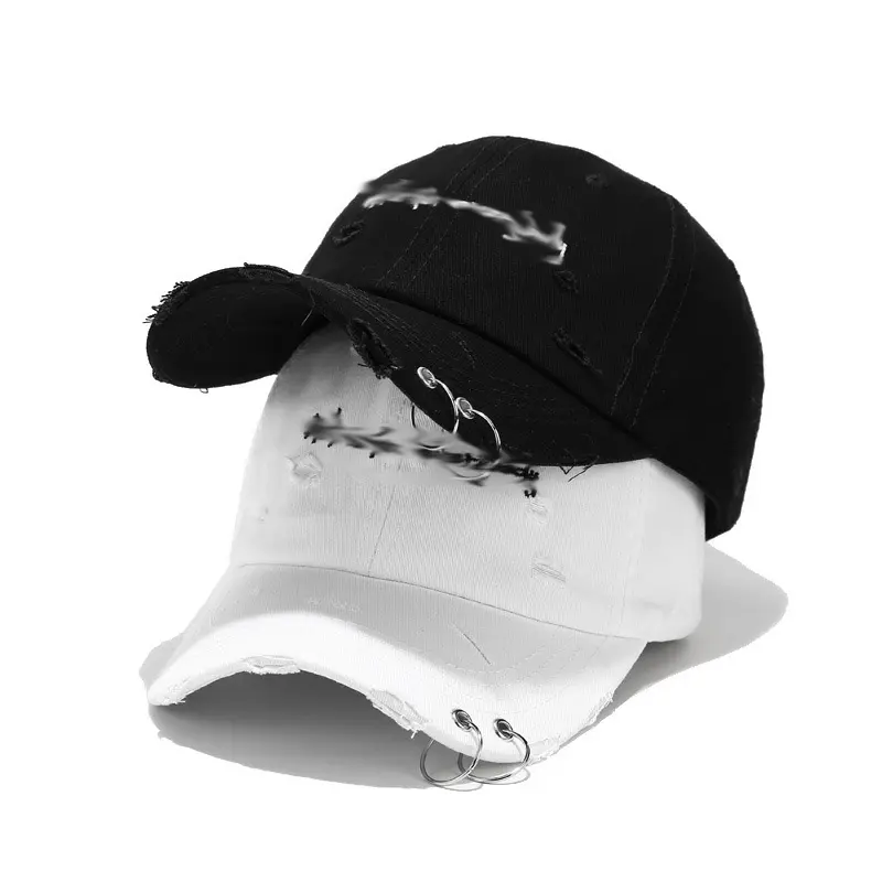 Casual Tears Holes With Iron Ring Street Style Embroidery Logo 6 Panel Caps Hats For women Vintage Men Dad Hat Cap