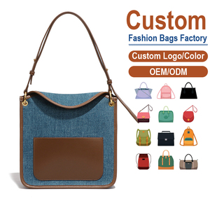 Vintage Denim & PU Leather <b>Shoulder</b> Bag, Color-Block Casual Tote, OEM/ODM Custom Factory, Adjustable <b>Strap</b> Handbag - Product Image 2
