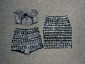 SS2311 New Trending Summer Luxury Beaded Bandage Fabric Crystal Rhinestone Sets For Women 2 Pieces