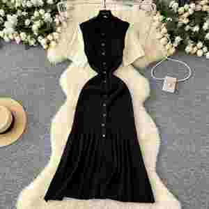 Vestido Midi de Punto con Cuello Redondo para Mujer, Verano 2024, Vestido Corto de Encaje con Manga Corta, Color Negro y Blanco - Product Image 1