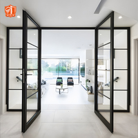 Portes en verre double en alliage d'aluminium avec grilles, finition noire, manuelles, design industriel moderne français pour usage extérieur et chambre à coucher