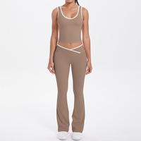 Ensemble de yoga TongJoes taille haute élastique, double face brossé, ajusté, respirant, avec détails croisés et jambes larges, pour le sport