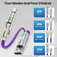 Kabel Data USB Tipe-C Multi-Fungsi 4-in-1 dengan Pengisi Daya LED untuk Ponsel 60W PD 27W C-L Paduan Seng PVC Bundles