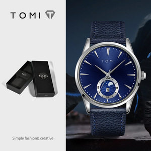 นาฬิกาข้อมือควอตซ์ <span class=keywords><strong>TOMI</strong></span> T024 สำหรับผู้ชาย หน้าปัดสีน้ำเงินลายรัศมีดวงอาทิตย์ พร้อมฟังก์ชั่นแสดงข้างขึ้นข้างแรม สายหนัง เหมาะสำหรับใส่ลำลองหรือธุรกิจ มาพร้อมกล่องของขวัญ - Product Image 1