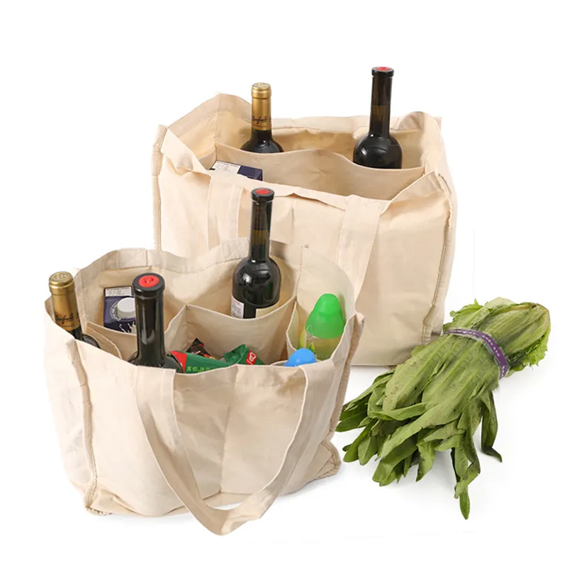 Cloth Tote Shopping Bags with Bottle Sleeves Reusable Washable Wine Shopping Bags with Handles Canvas Grocery Shopping Bags