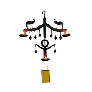 Candelabro de Pared Tribal Antiguo de Hierro de 10 Pulgadas, Diseño Único de Dos Elefantes, Hecho a Mano, Negro Puro, Decoración Tradicional para el Hogar - Product Image 1