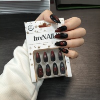 24 faux ongles en ABS à presser, forme amande, effet œil de chat dégradé noir et rouge, longueur moyenne, réutilisables, rose foncé, luxe