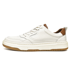Chaussures décontractées pour hommes en cuir de vache véritable, à bout rond, à lacets, respirantes, blanches - Product Image 5