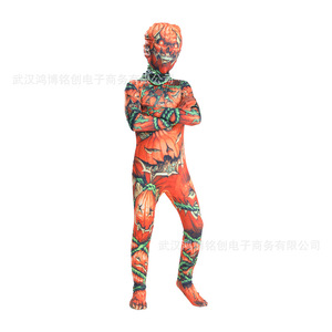 Pumpkin <b>Man</b> <b>Onesie</b> Halloween Costume Children Cosplay Full Body Suit Orange Print Fancy Dress Party Outfit - Product Image 2