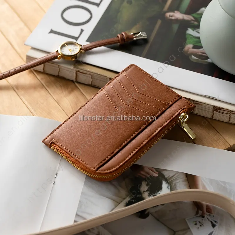High Quality Factory Slim Practical Womens Leather Wallet Small Compact RFID Blocking Credit Card Case Purse with Zipper Pocket