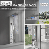 Panneau de douche mural multifonctionnel en acier inoxydable et céramique avec LED, robinets thermostatiques, effet pluie et massage, finition chromée