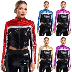 Veste Corset Courte Métallisée Color Block pour Femme en Similicuir Brillant à Fermeture Éclair Taille Haute, Manteau de Danse Latine et de Scène Personnalisé - Product Image 1