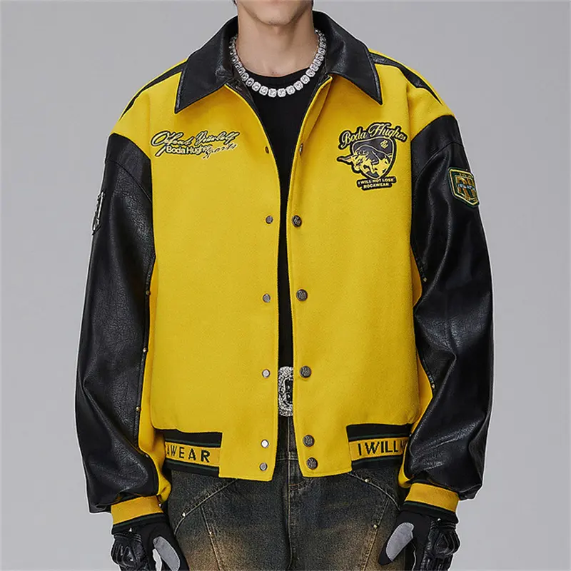 Wholesale Custom Embroidered Patch Vintage Letterman High Quality PU Leather Sleeves Baseball Varsity Jacket