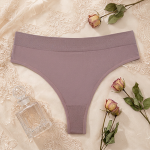 Women Plus Size <b>Seamless</b> <b>Thong</b> Panties Solid Color Ribbed Waistband High Waist Underwear Soft Stretch Women's Lingerie Wholesale - Product Image 3