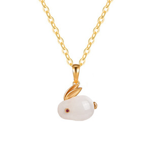 Women's Rabbit Jade Necklace Ring <b>Earrings</b> <b>Set</b> Animal Zodiac Jewelry Gift Gold Plated White Jade Stone Fashion Jewelry - Product Image 2
