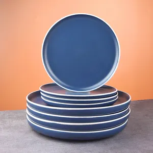 steak salad pasta matte blue white black elegant round ceramic serving 10.5 7.5 stoneware dinner pizza plate