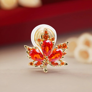 Clip-on Earrings Maple Leaf Design Gold Red Rhinestones Party Fashion Cuff Earrings - Product Image 3